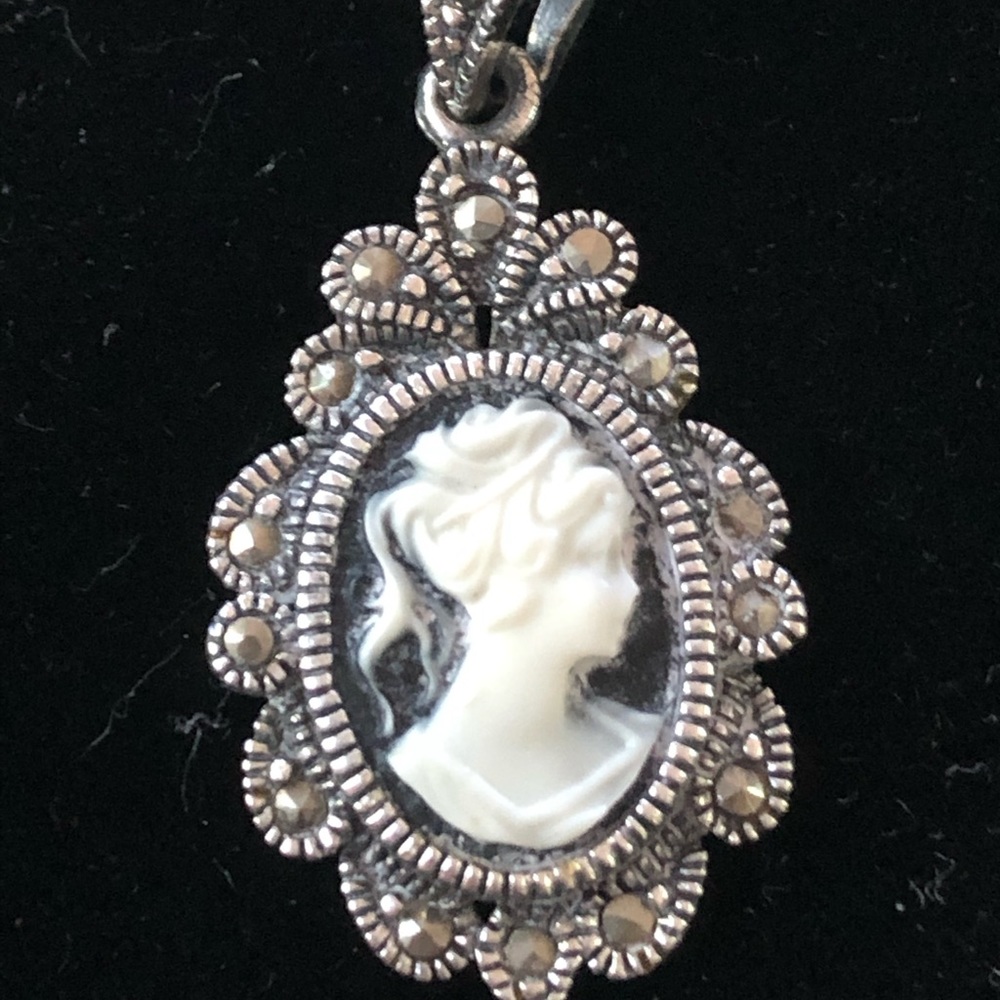 925 Sterling Vintage Marcasite Cameo Pendent